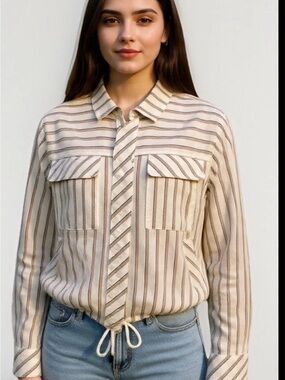 Cavallini Striped Drawstring Hem Button-Down Shirt - Cream